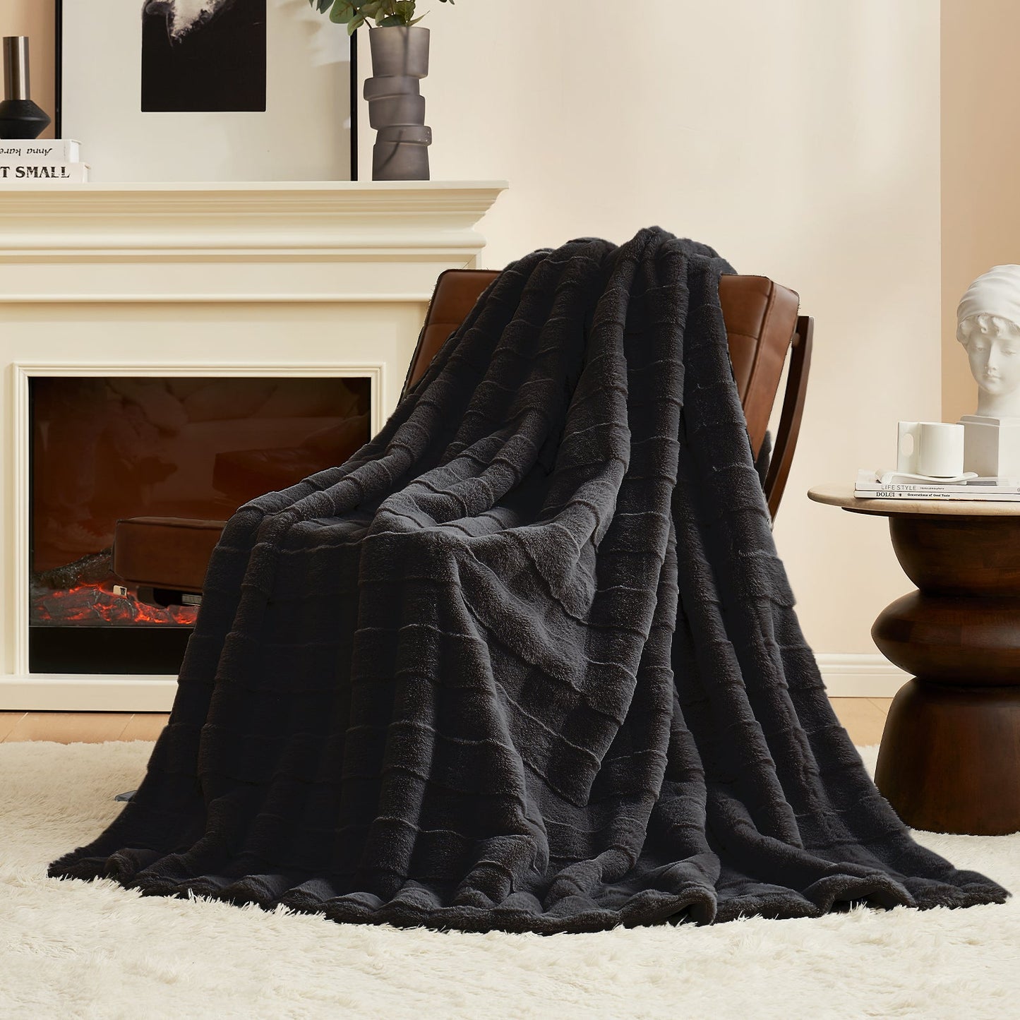 Cross-Striped Faux Fur Throw Blanket