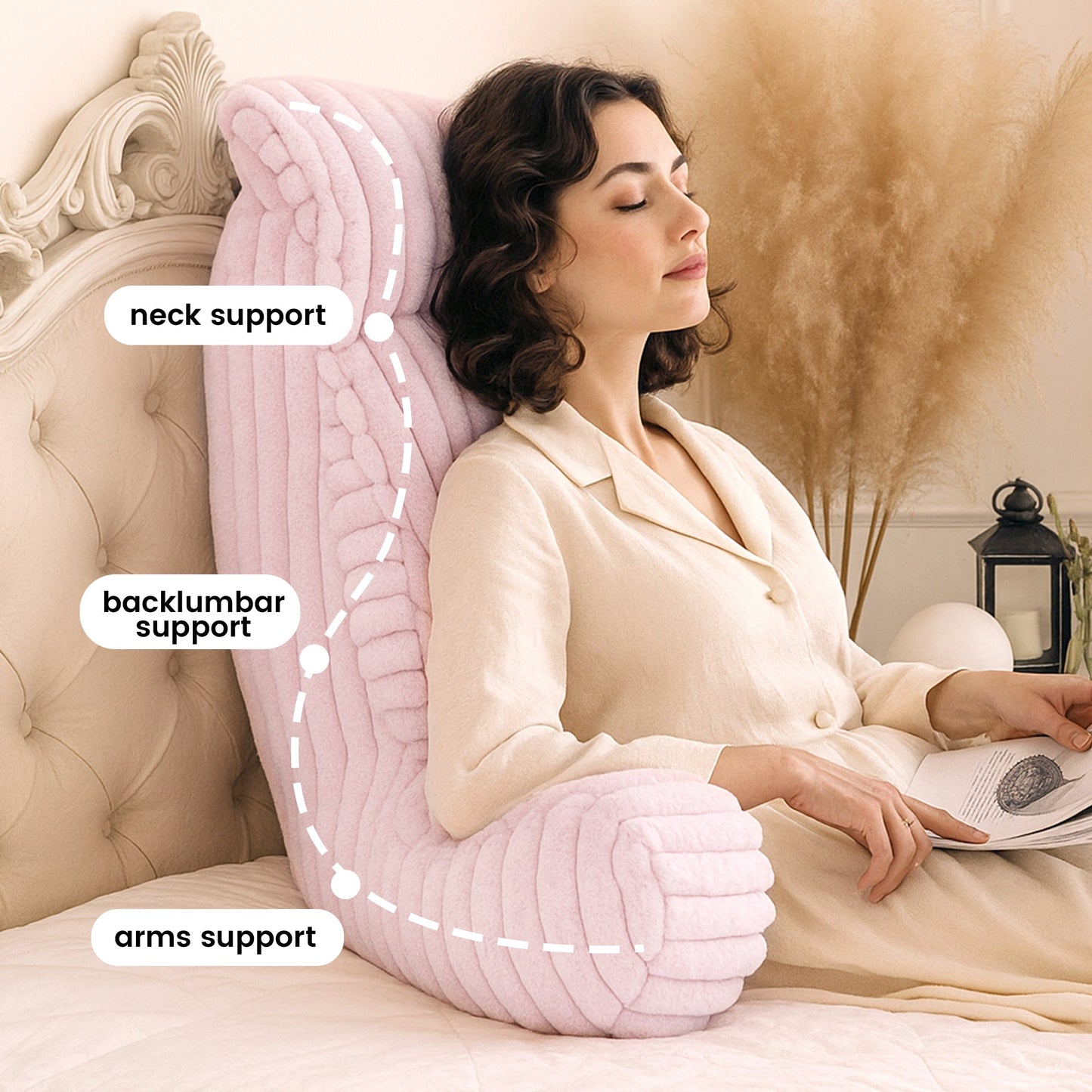 Striped Faux Fur Backrest Reading Pillow - Ivory