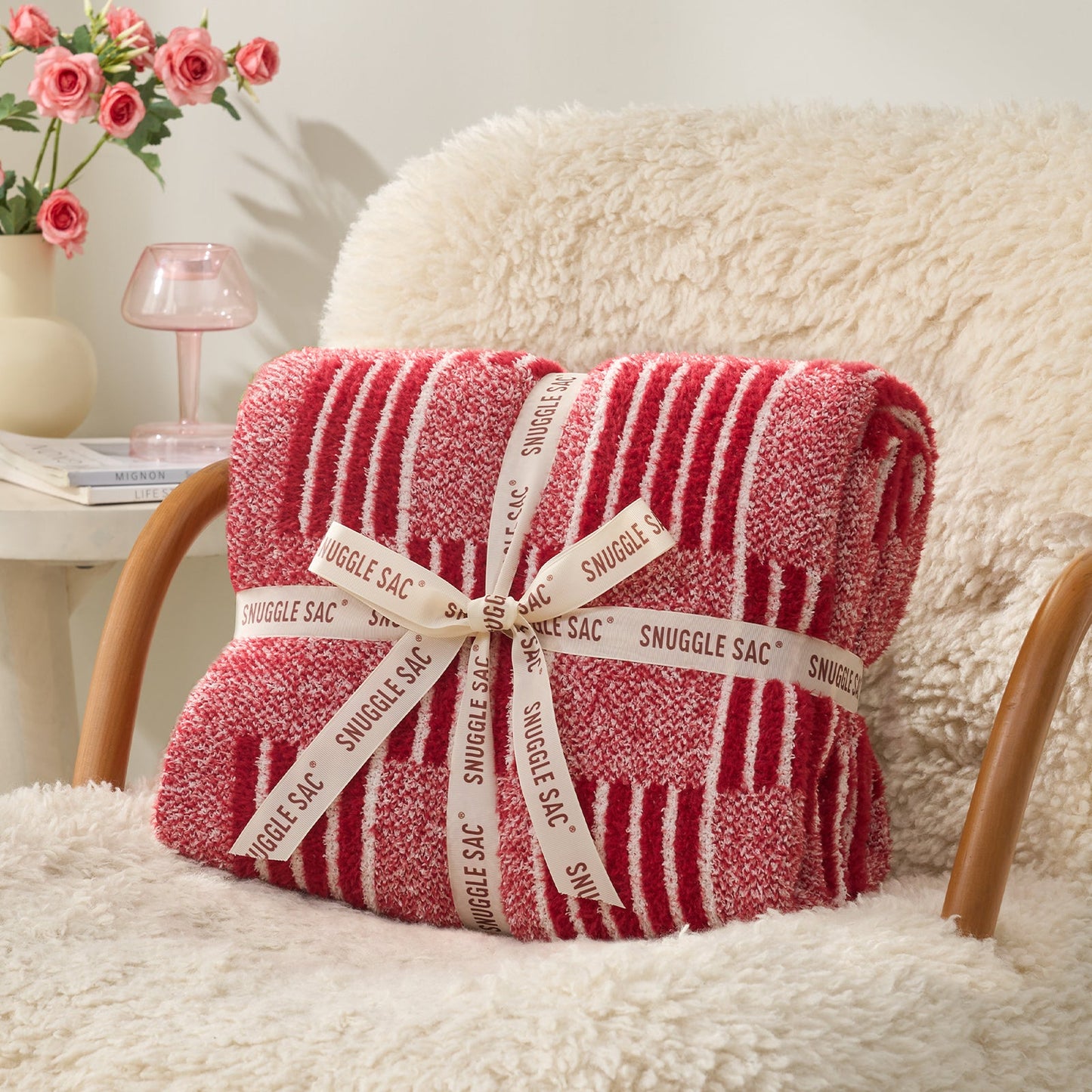 Reversible Heather Checkered Feather Yarn Throw Blanket in Red neatly folded with ribbon, perfect for gifting and special occasions. #color_Red