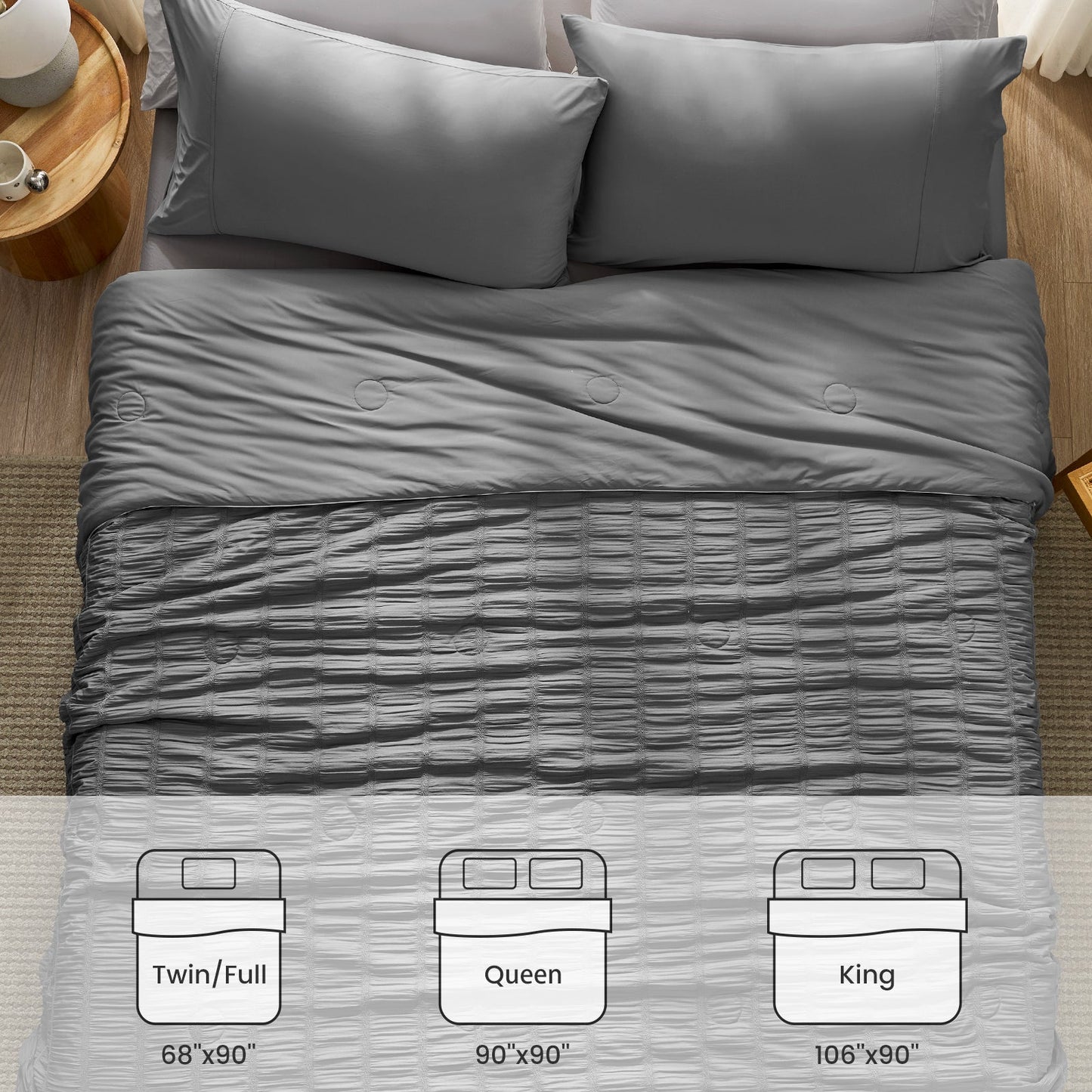 Size chart for Cozy Bliss Vertical Striped Seersucker Cooling Comforter. #color_Charcoal Grey