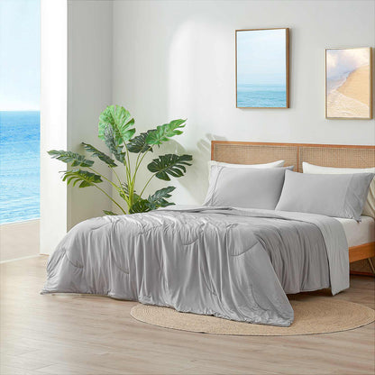 Cool grey cooling comforter on bed in coastal bedroom.#Color_Cool Grey