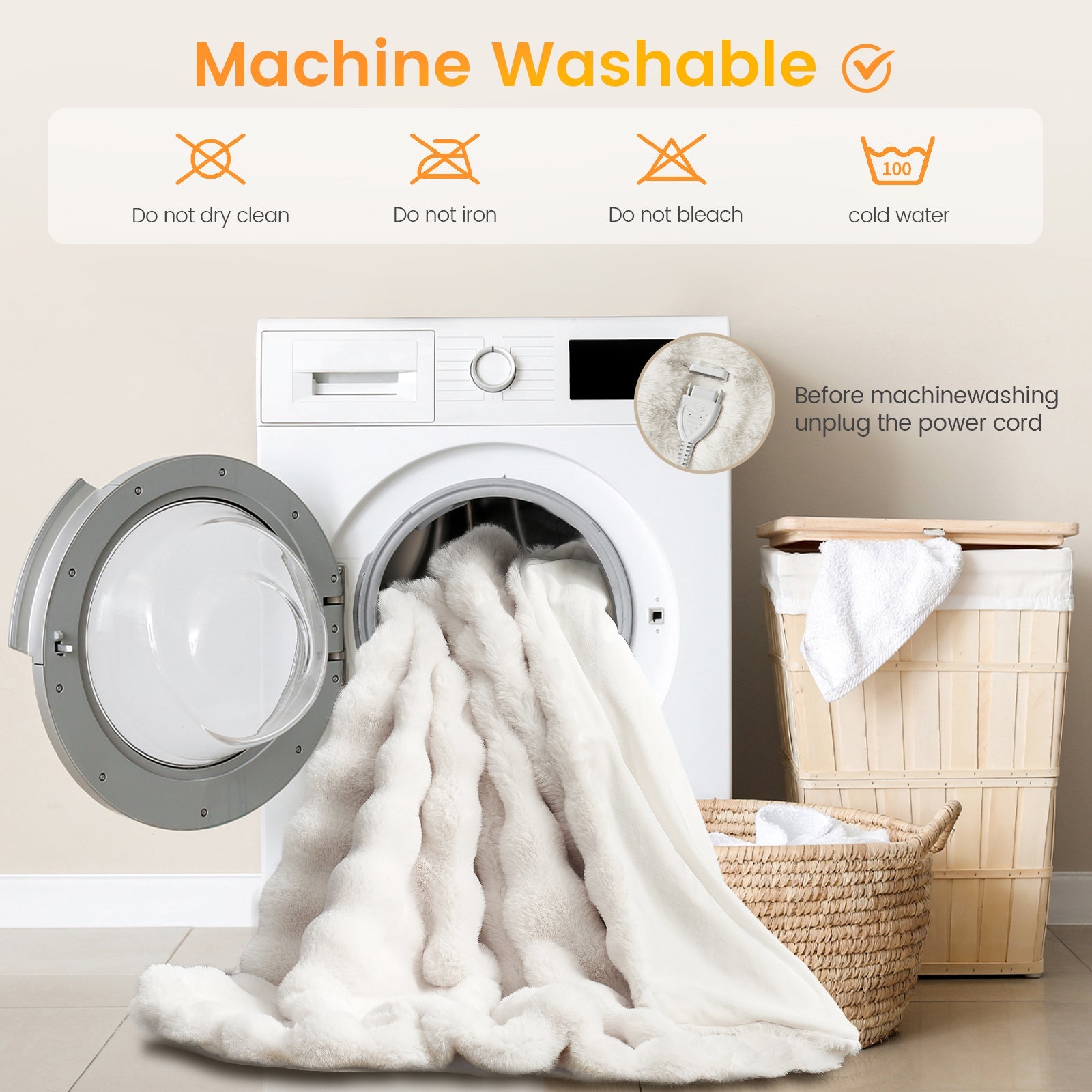 Cozy bliss bubble faux fur heated electric blanket is machine washable.  #color_Cream White