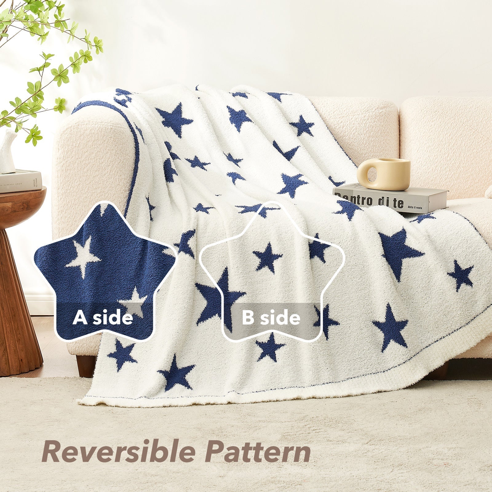 Reversible Star Feather Yarn Knit Throw Blanket in Heather Royal Blue draped over a sofa, featuring a dual-sided star pattern for versatile styling and cozy comfort. #color_Heather Royal Blue