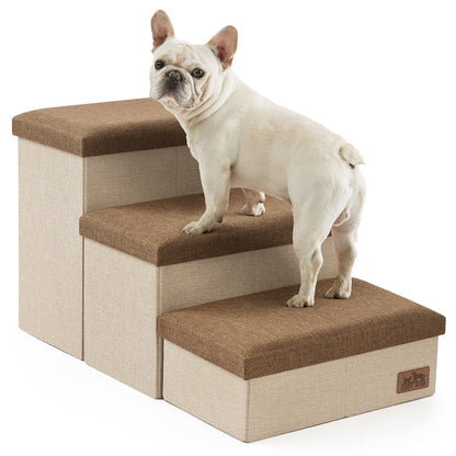 Cozy Bliss 3 Step Arthritis Prevention Storage Pet Stairs in brown with a dog stepping on it. #color_Brown