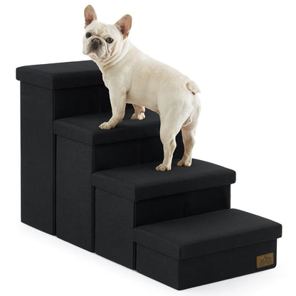 Cozy Bliss 4 Step Arthritis Prevention Storage Pet Stairs in black with a dog stepping on it.#color_Black