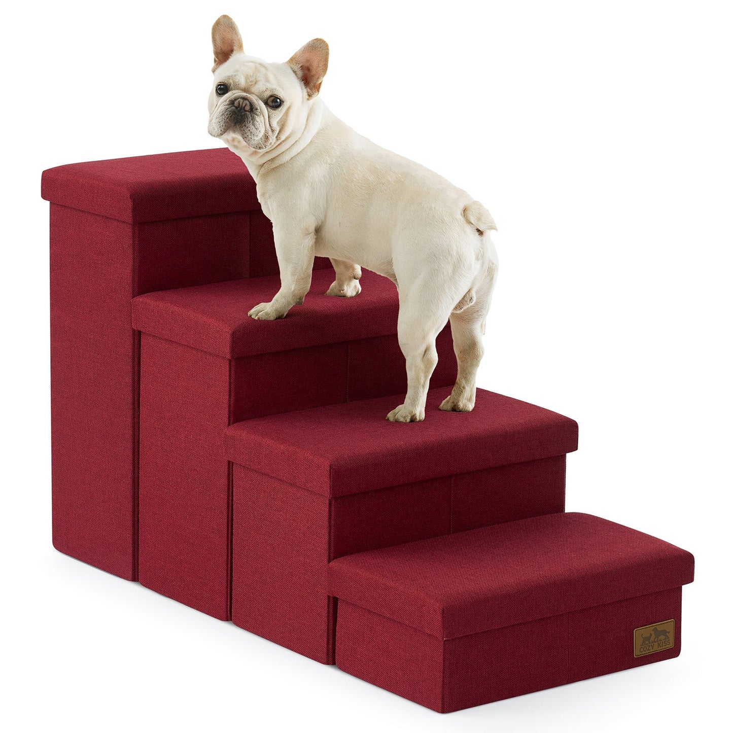 Cozy Bliss 4 Step Arthritis Prevention Storage Pet Stairs in red with a dog stepping on it. #color_Christmas Red
