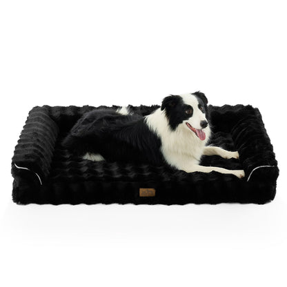 Front view of dog lying on a black pet bed with a white background#Color_Black