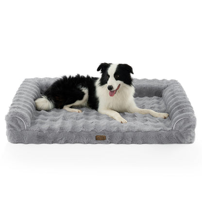 Front view of dog lying on a gray pet bed with a white background#Color_Grey