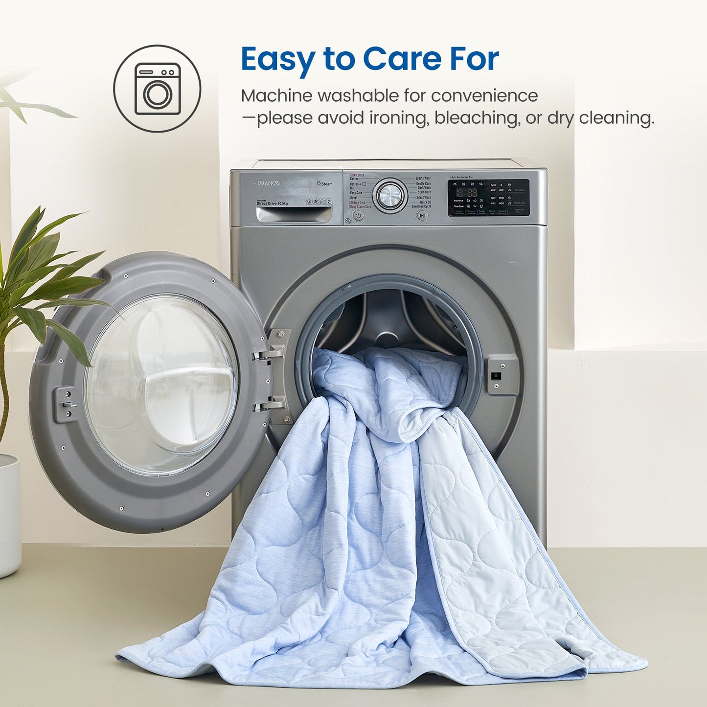 Cool Blue Cozy Bliss dual-sided cooling comforter in washing machine, machine washable and easy tto care.  #color_Cool Blue