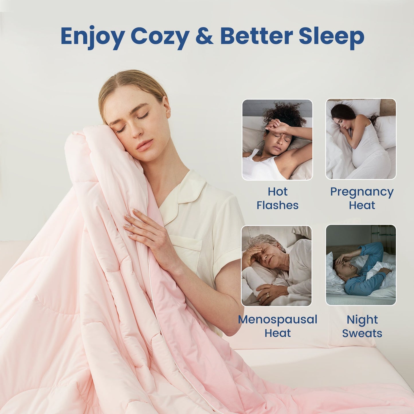 Cooling comforter for hot sleepers, woman enjoying soft breathable comfort with relief from night sweats and body heat.#color_Pink
