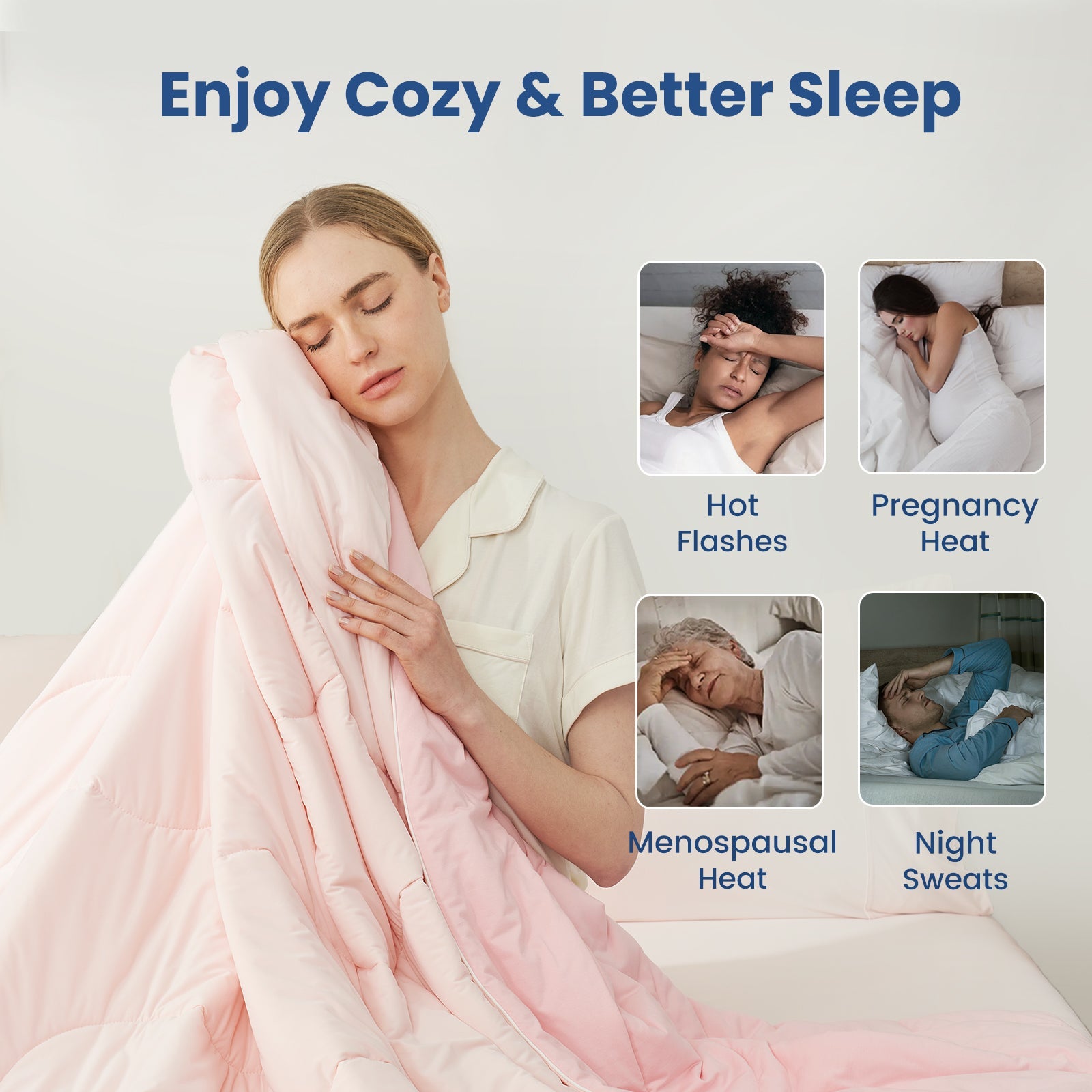 Cooling comforter for hot sleepers, woman enjoying soft breathable comfort with relief from night sweats and body heat.#color_Pink