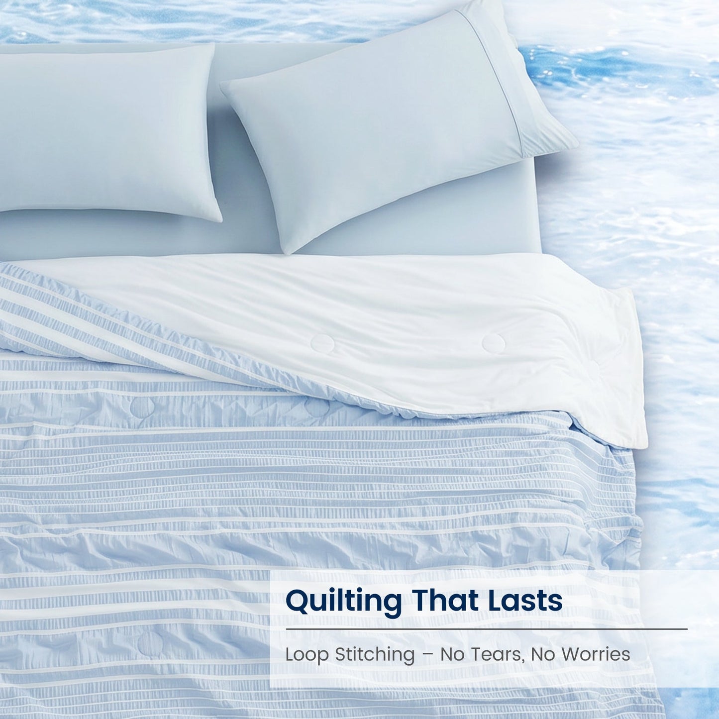 Cooling comforter in Sky Blue with durable quilting and striped seersucker texture #color_Sky Blue