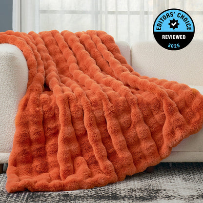 Cozy Bliss Luxurious Bubble Faux Fur Throw Blanket in orange front view. #Color_Burnt Orange