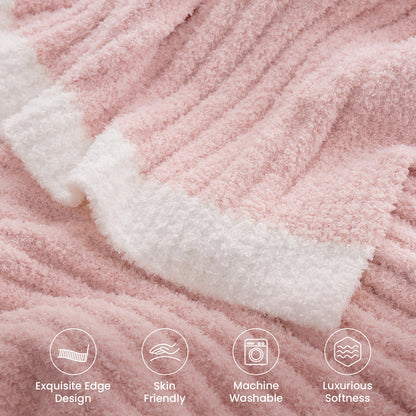 Close-up of ribbed texture and contrast edge on Soft Ribbed Feather Yarn Throw Blanket in Pink featuring skin-friendly, machine washable and luxurious softness. #Color_Pink