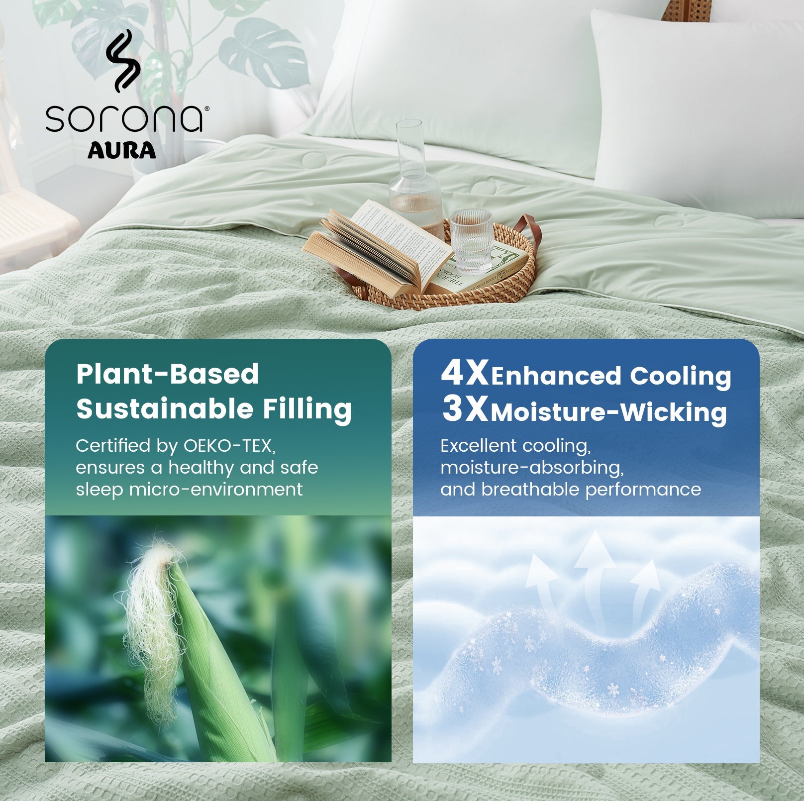 Sorona® cooling comforter on bed with plant-based sustainable filling, enhanced cooling and moisture-wicking breathable performance.#color_Sage Green
