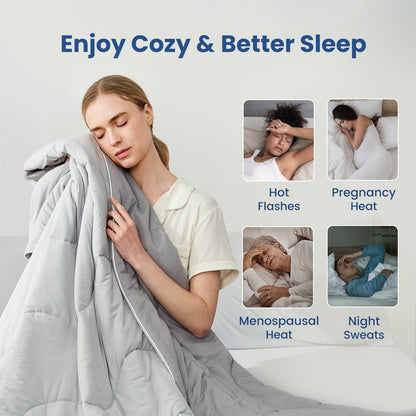 Cooling comforter for hot sleepers, woman enjoying soft breathable comfort with relief from night sweats and body heat. #color_Light Grey