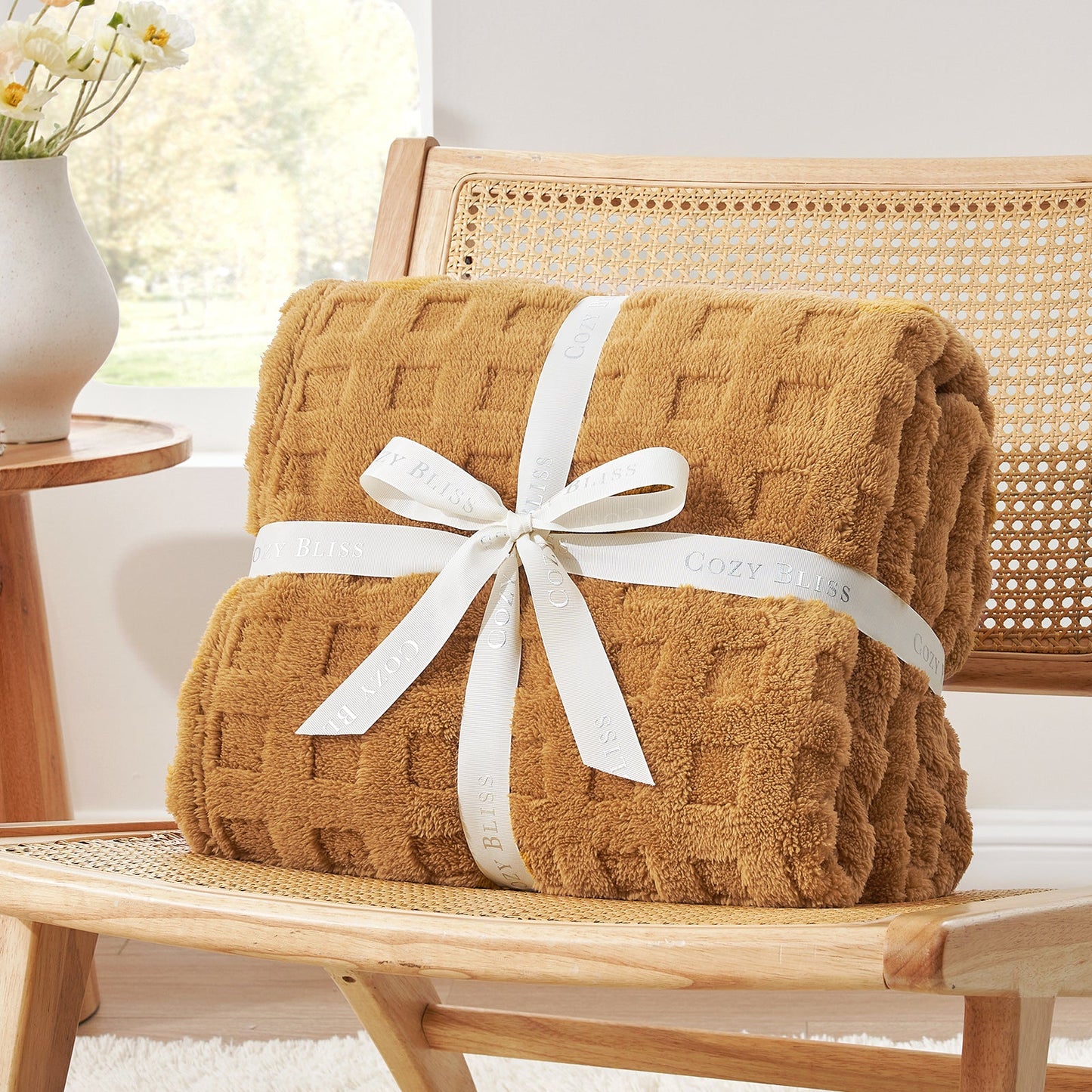 Checkered waffle shaggy sherpa throw blanket in Brown folded with ribbon, perfect for gifting #color_Brown