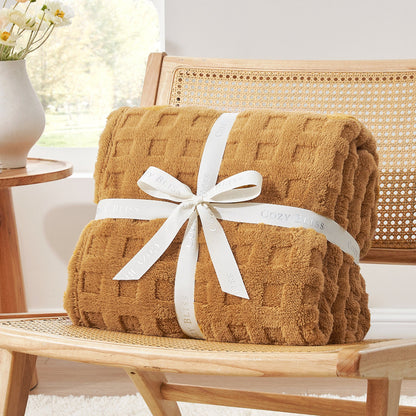 Checkered waffle shaggy sherpa throw blanket in Brown folded with ribbon, perfect for gifting #color_Brown