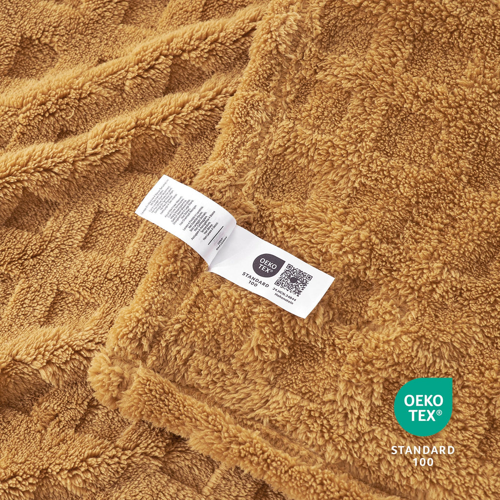 Close up of checkered waffle shaggy sherpa throw blanket in Brown, showcasing soft texture and OEKO TEX STANDARD 100 certification #color_Brown