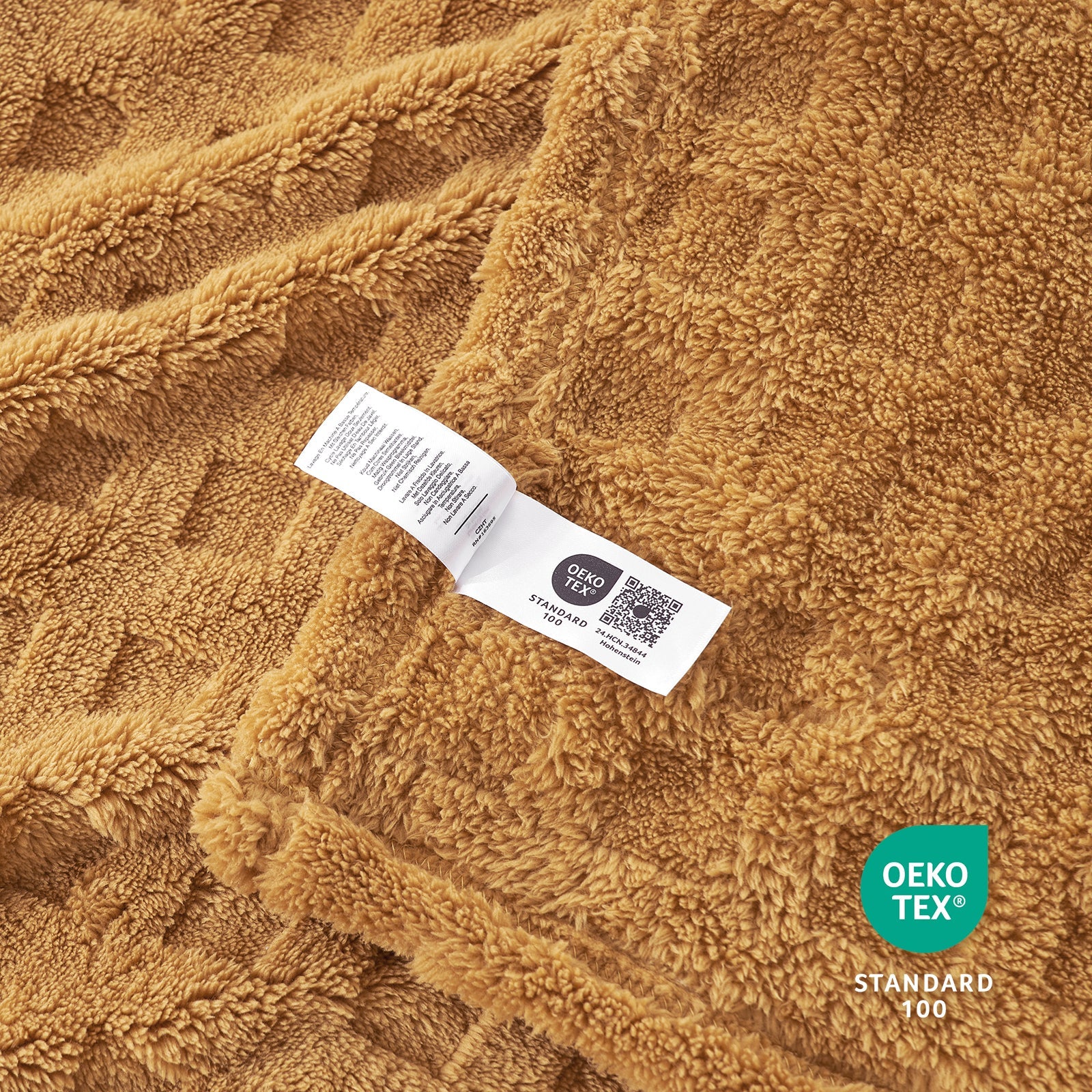 Close up of checkered waffle shaggy sherpa throw blanket in Brown, showcasing soft texture and OEKO TEX STANDARD 100 certification #color_Brown