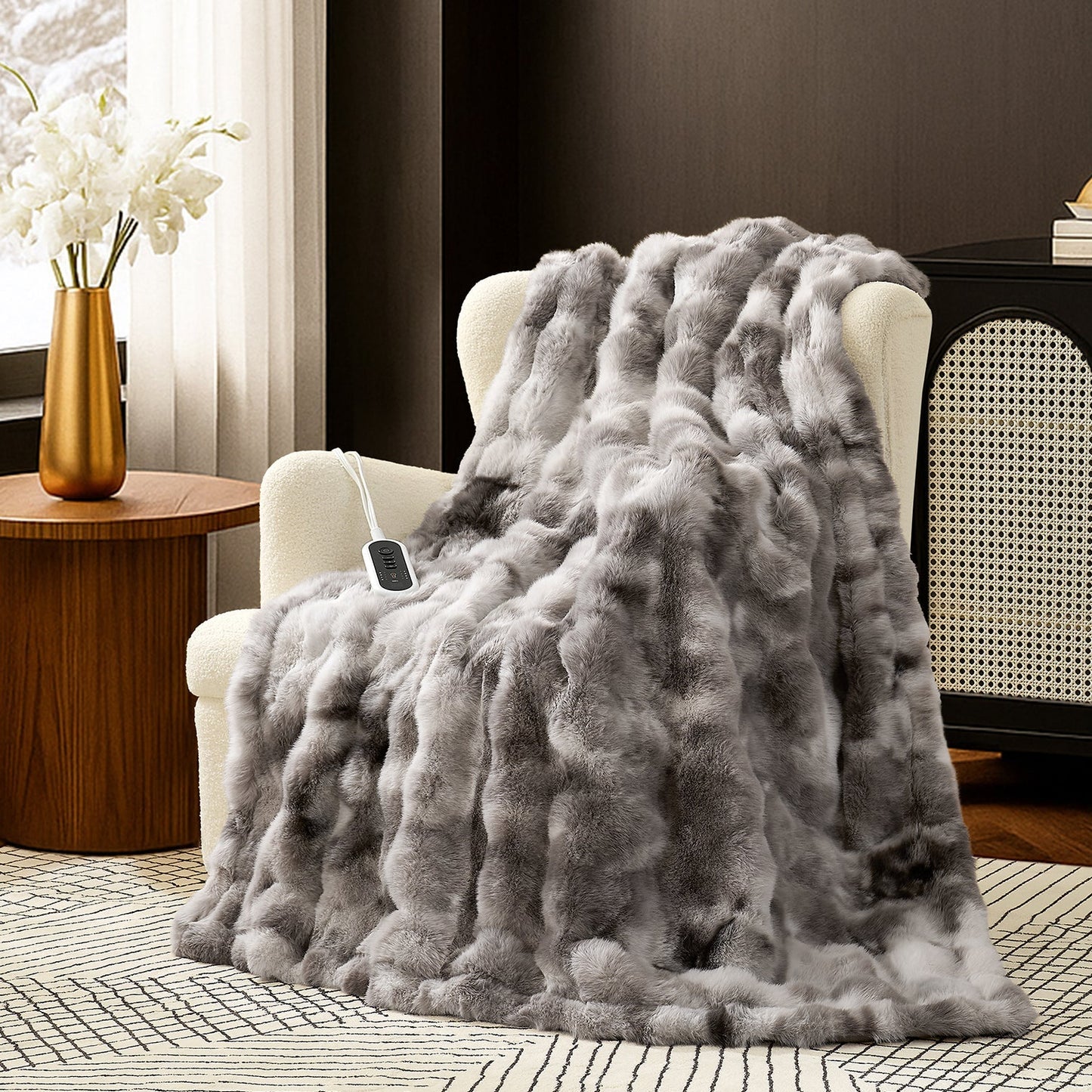 COZY BLISS Bubble Faux Fur Electric Blanket in tie-dye taupe front view #color_Tie-dye Taupe