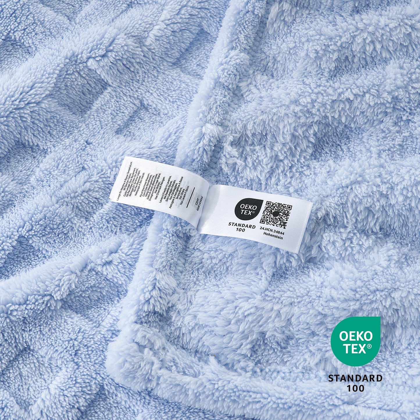 Close up of checkered waffle shaggy sherpa throw blanket in Blue, showcasing soft texture and OEKO TEX STANDARD 100 certification #color_Cool Blue