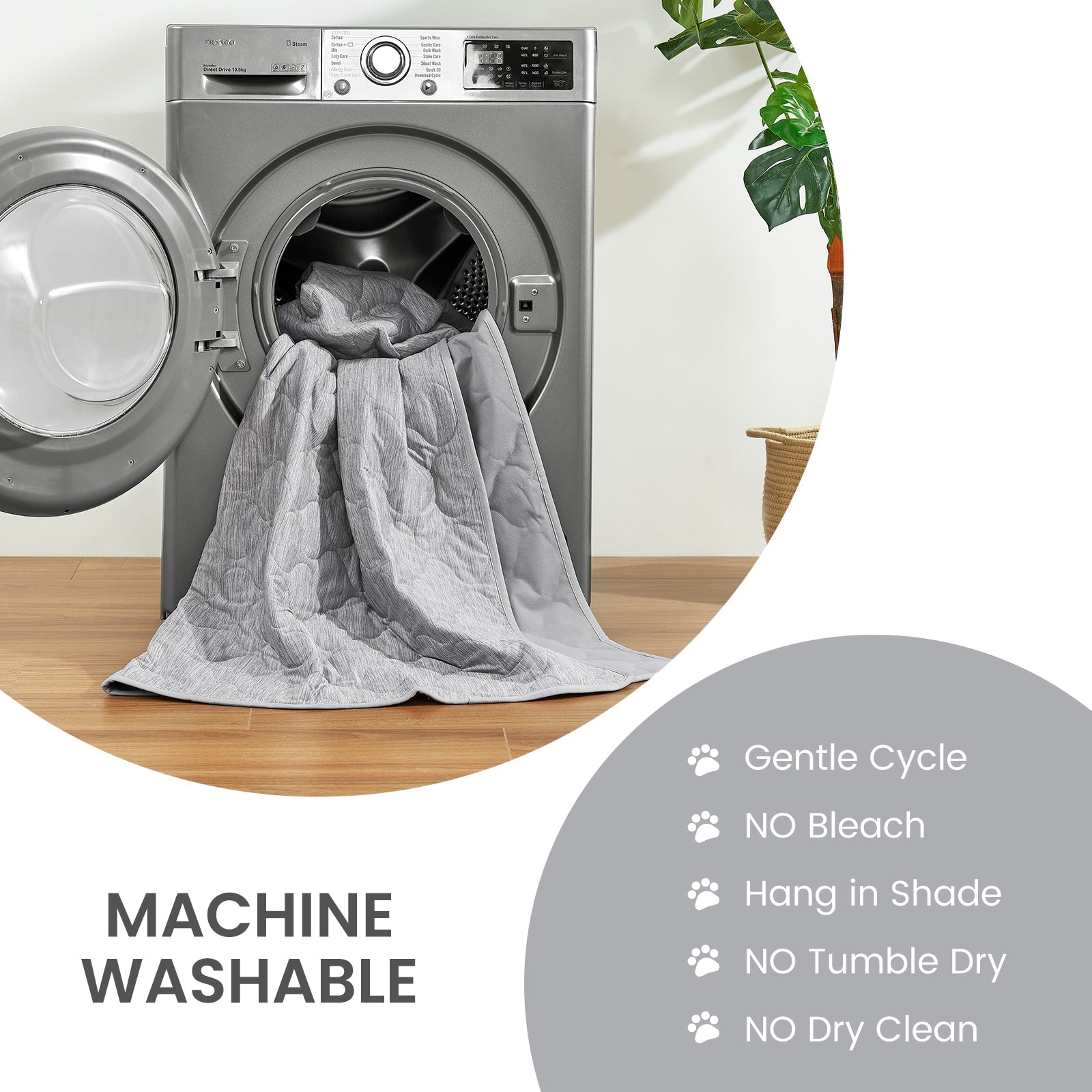 Machine washable cooling blanket for pets with washing instructions for easy care at home.#color_Light Grey