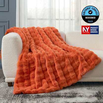 Cozy Bliss Luxurious Bubble Faux Fur Throw Blanket in orange front view. #Color_Burnt Orange