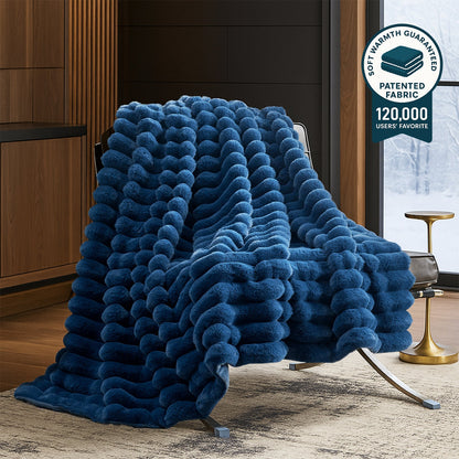 Ultra Chunky Striped Faux Fur Throw Blanket - Misty Blue