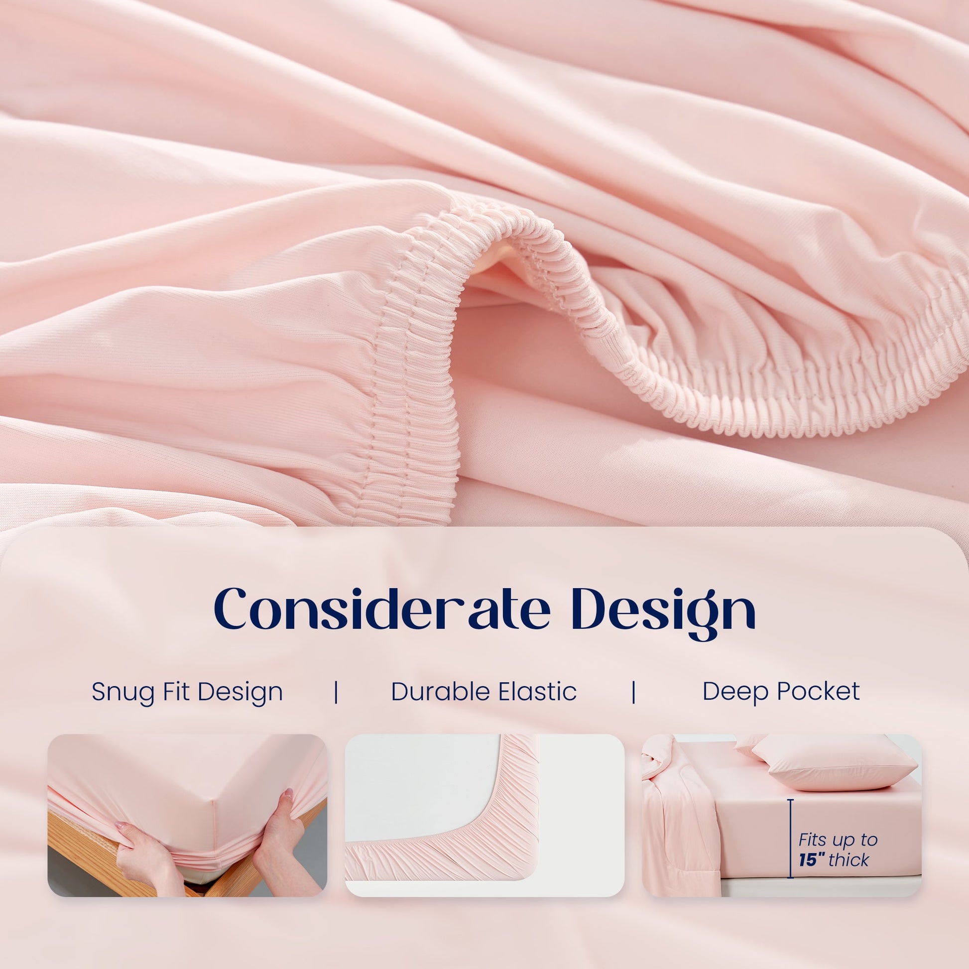 Pink fitted sheet with text highlighting snug fit, durable elastic and deep pocket design.#color_Pink