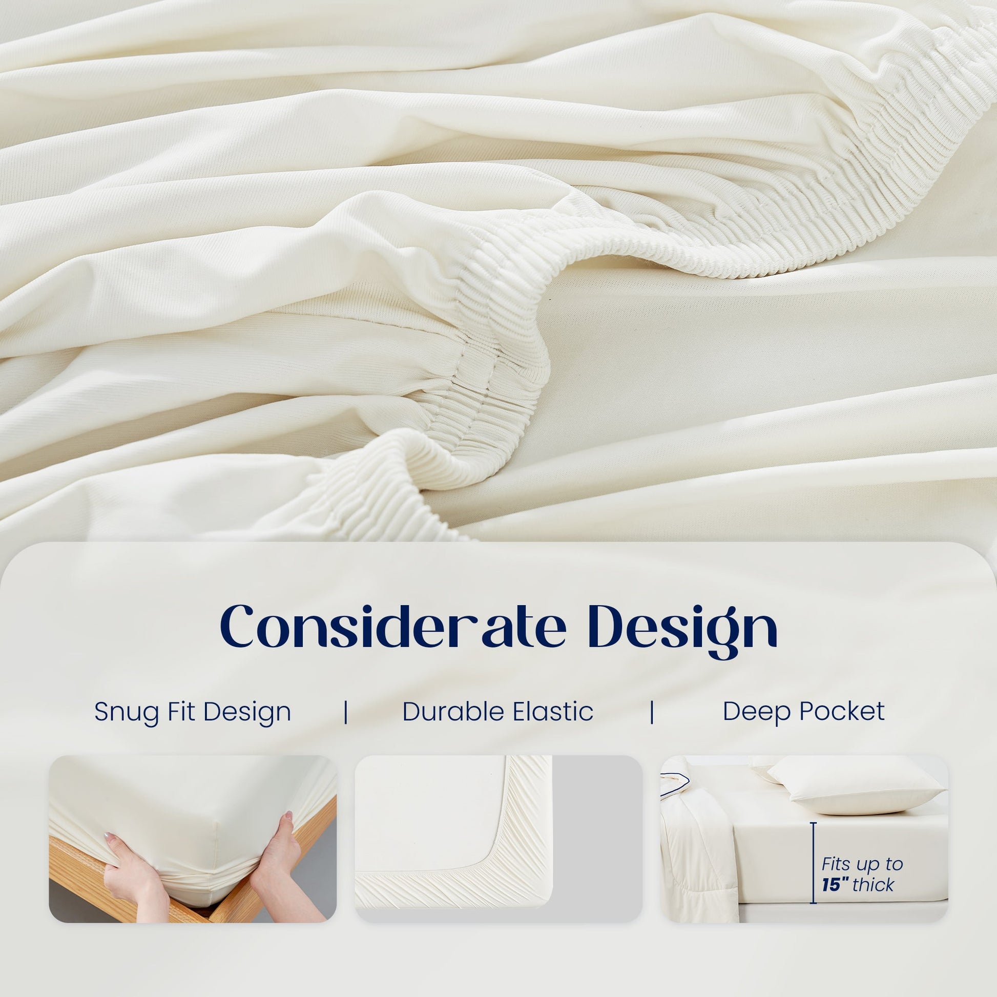 White fitted sheet with text highlighting snug fit, durable elastic and deep pocket design.#color_Ivory