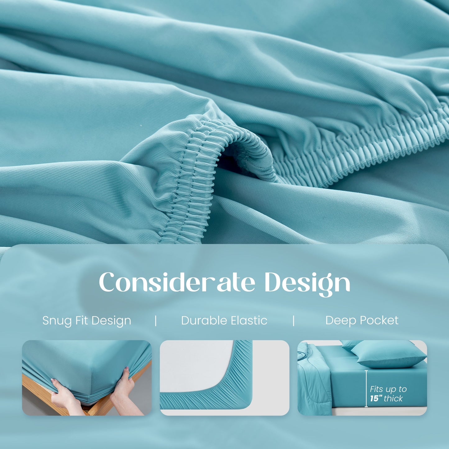 Blue fitted sheet with text highlighting snug fit, durable elastic and deep pocket design.#color_Dream Blue