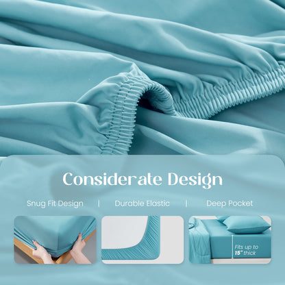 Blue fitted sheet with text highlighting snug fit, durable elastic and deep pocket design.#color_Dream Blue