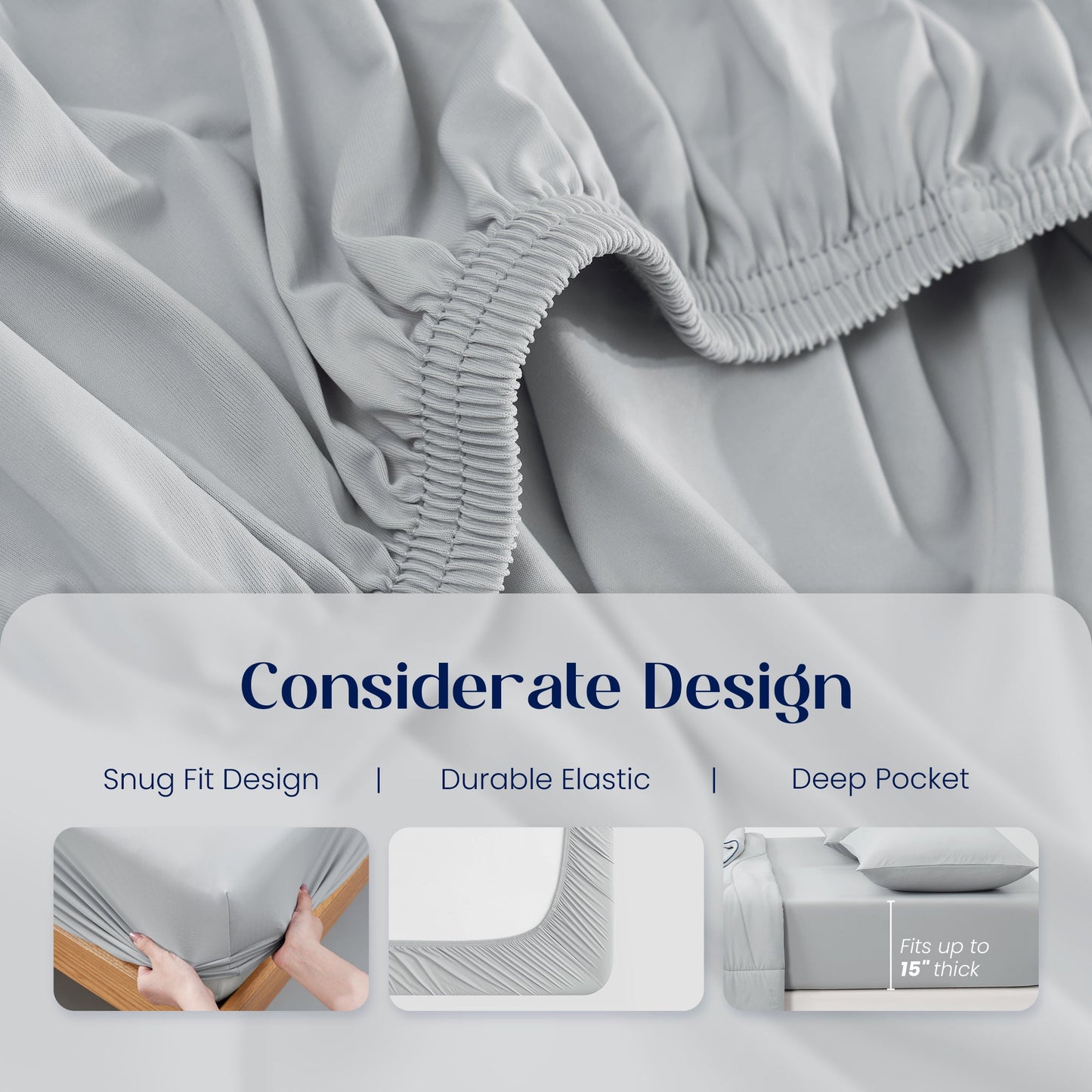 Gray fitted sheet with text highlighting snug fit, durable elastic and deep pocket design.#color_Light Grey