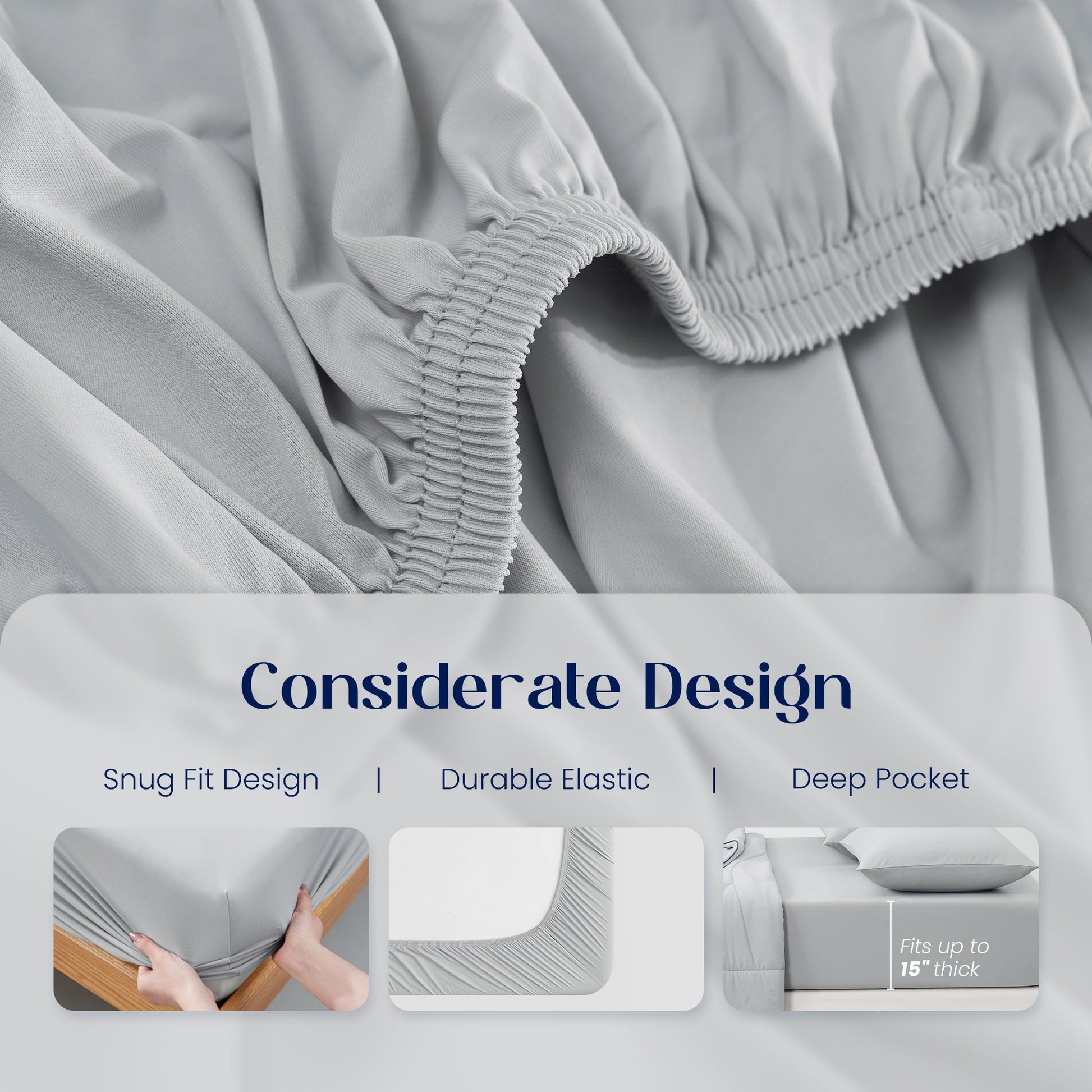 Gray fitted sheet with text highlighting snug fit, durable elastic and deep pocket design.#color_Light Grey