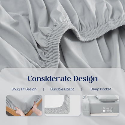 Gray fitted sheet with text highlighting snug fit, durable elastic and deep pocket design.#color_Light Grey