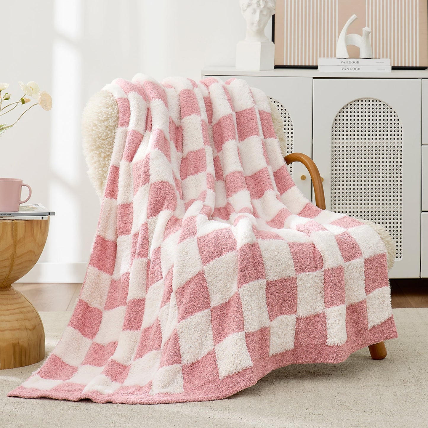 Checkered Faux Fur Feather Yarn Throw Blanket