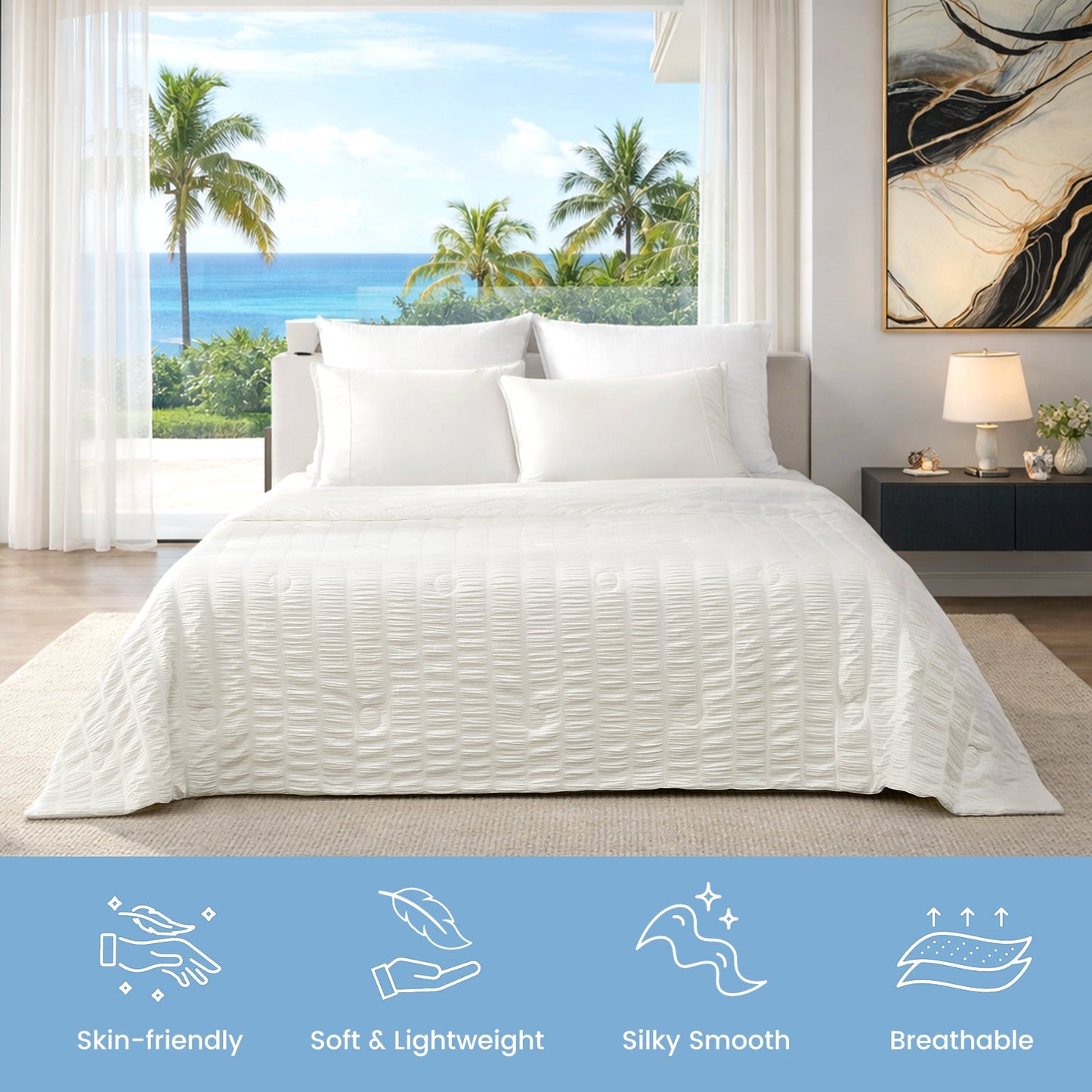 The features of Cozy Bliss white vertical striped seersucker cooling comforter #color_Off White