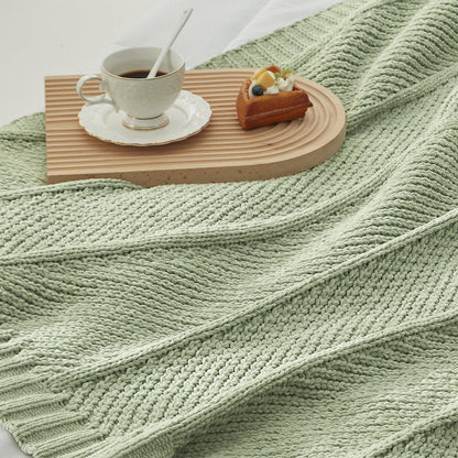 Chevron Chenille Knit Throw Blanket in Sage Green close-up view, showcasing soft chenille yarn and textured knit pattern. #color_Sage Green