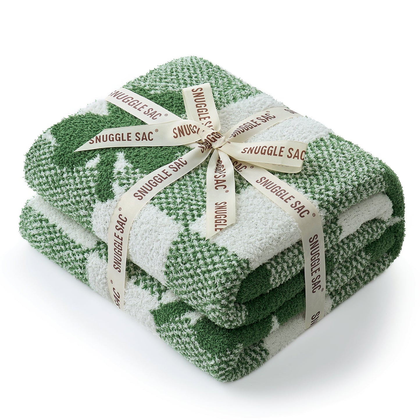 Green and white Snuggle Sac blanket with a decorative bow on a white background #color_Lucky Clover