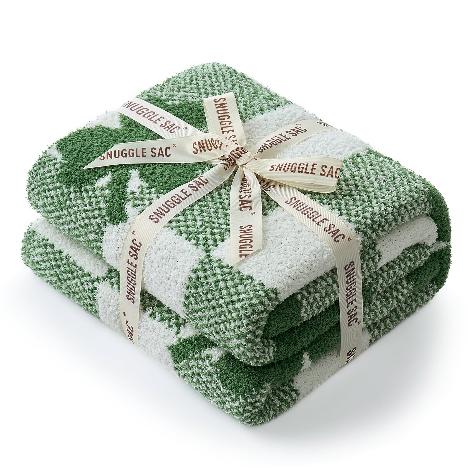 Green and white Snuggle Sac blanket with a decorative bow on a white background #color_Lucky Clover
