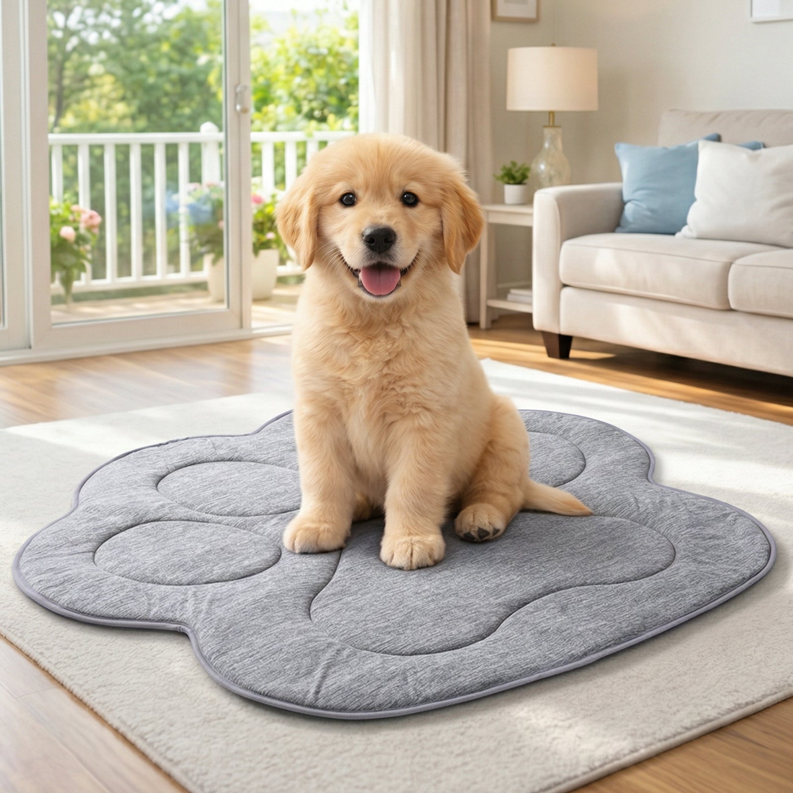 Puppy sitting on a cloud-shaped mat in a living room.#color_Grey