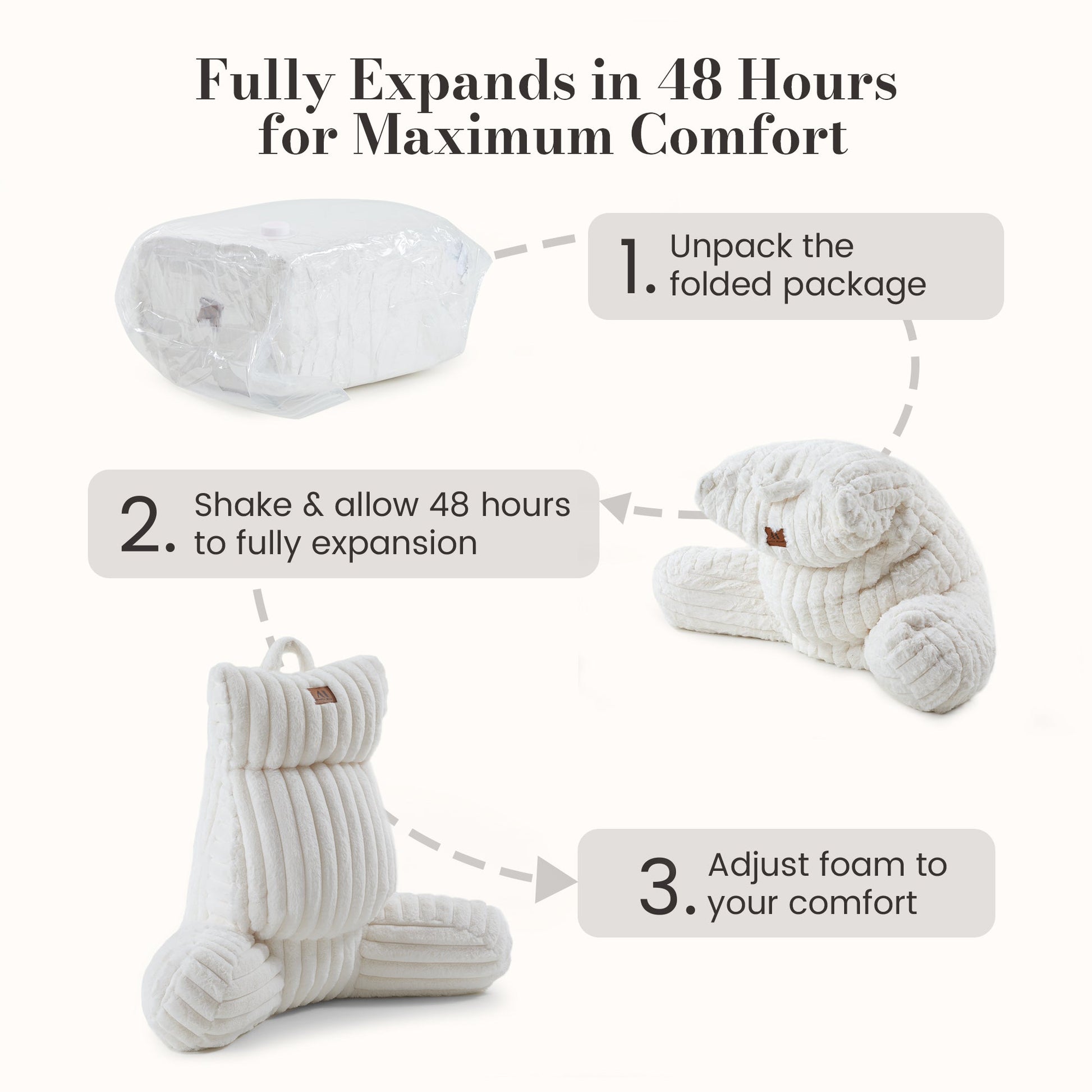 Cozy Bliss reading pillow expands fully within 48 hours for customized comfort and support #color_Ivory