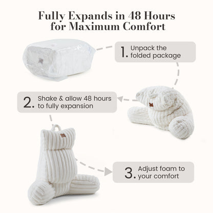 Cozy Bliss reading pillow expands fully within 48 hours for customized comfort and support #color_Ivory