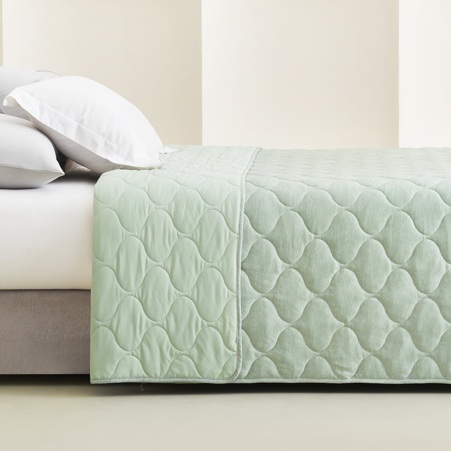 Cozy Bliss dual-sided cooling blanket in sage green with cloud pattern, premium comforter. #color_Sage Green
