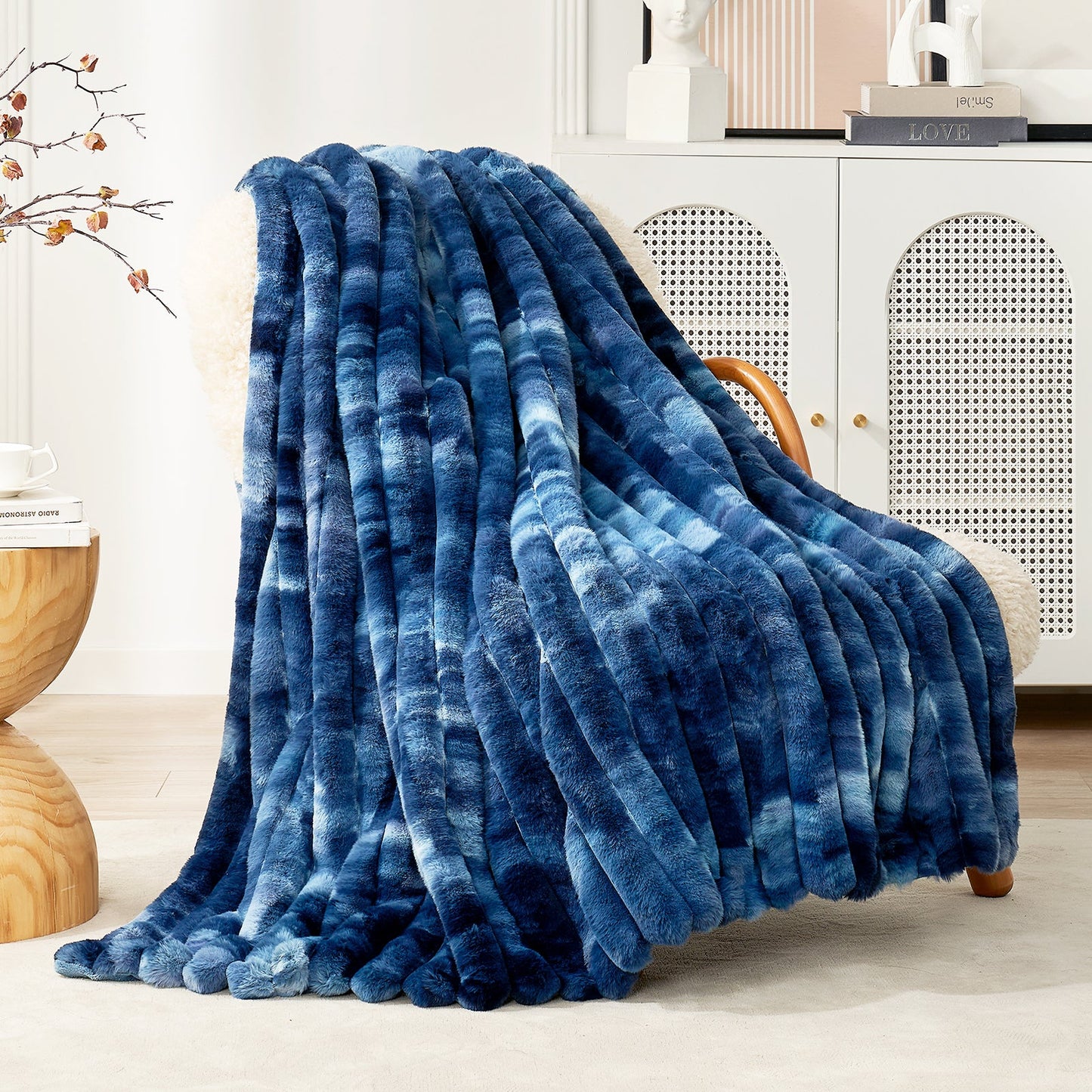 Ultra Chunky Striped Faux Fur Throw Blanket - Navy Blue
