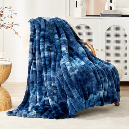 Ultra Chunky Striped Faux Fur Throw Blanket - Navy Blue