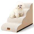 White dog sitting on a beige 4-Step pet stairs with a white background#Color_Beige