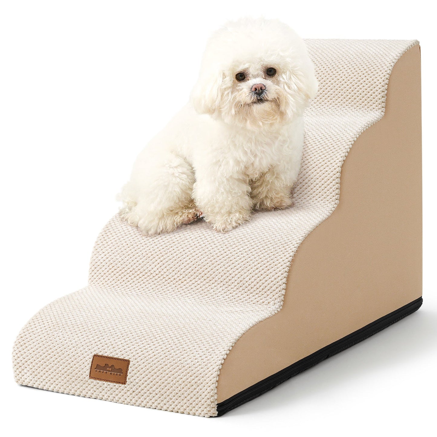 White dog sitting on a beige 4-Step pet stairs with a white background#Color_Beige