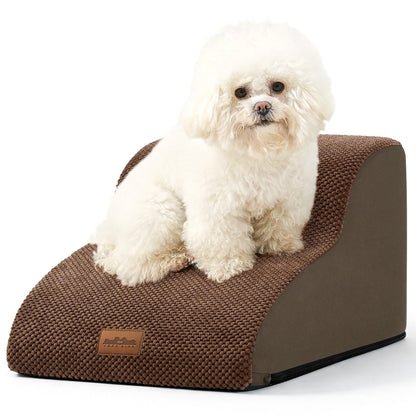 White dog sitting on a brown pet stair with a white background#color_Brown